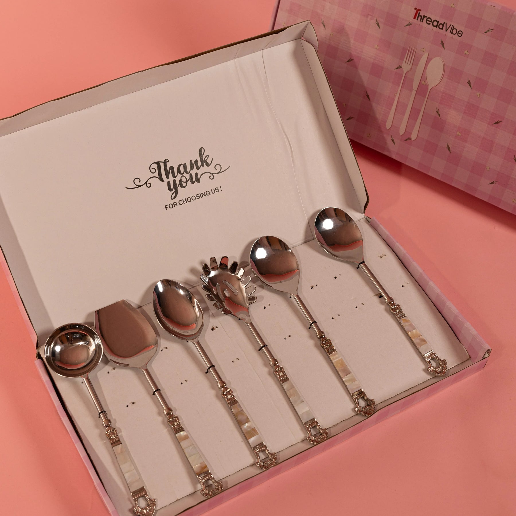 Mother Of Pearl Stainless Steel Salad Serving Spoon Cutlery Set Of 6
