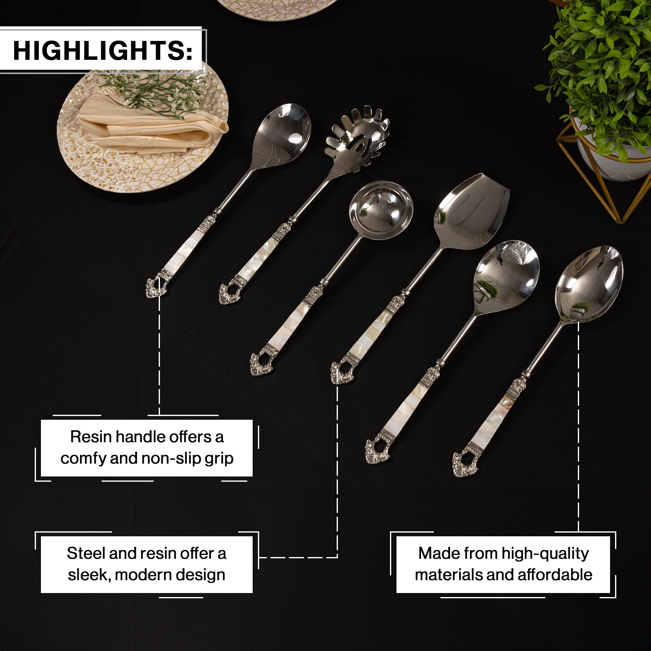 Mother of Pearl Stainless Steel Taj Salad Serving Spoon Set of 6 Piece