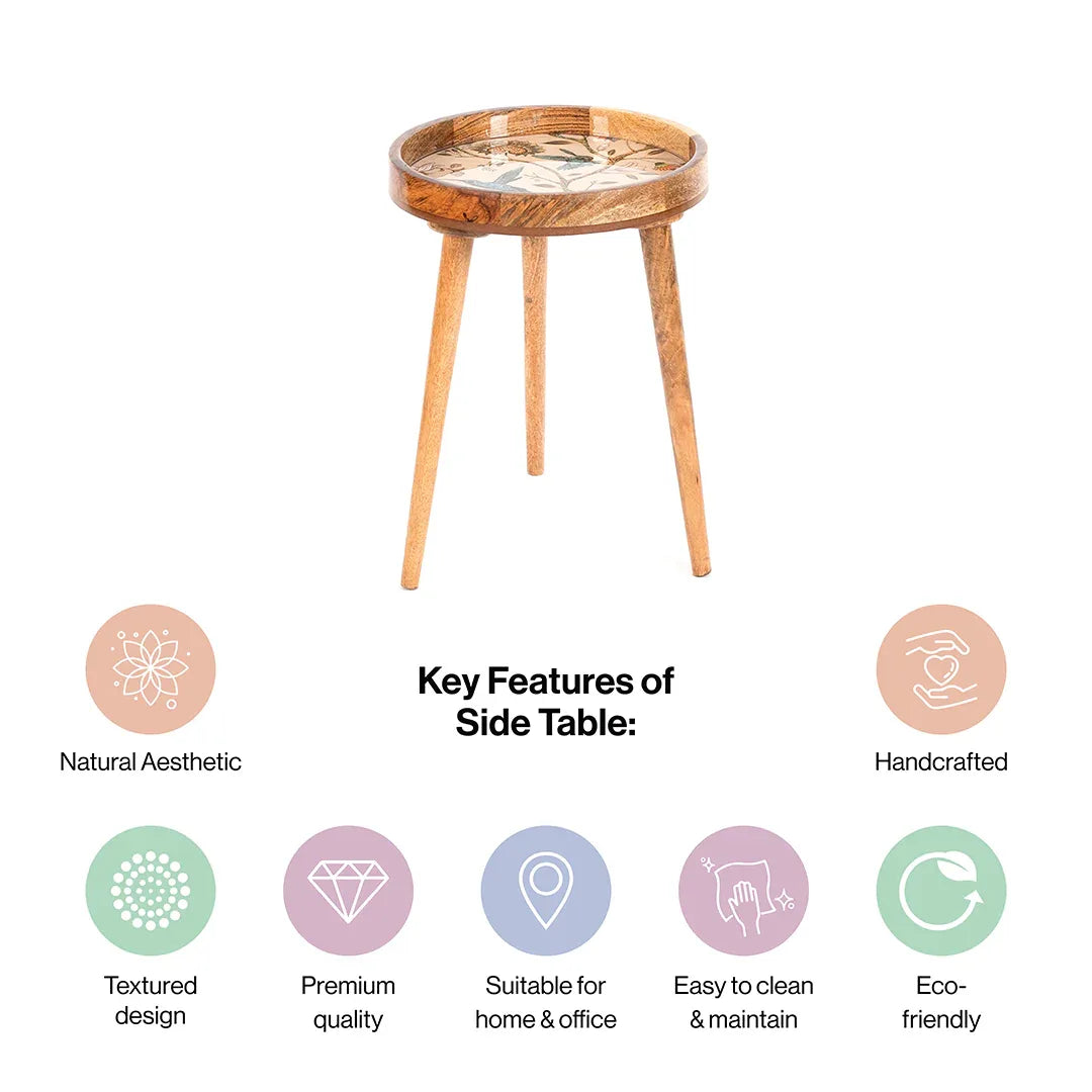 Mango Wood Round Side Table In Birdflower - Bedside table for Living Room & Bedroom