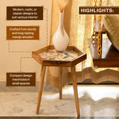 Wooden Hexagon Side Table with Floral Bird Printed Tray Top in Mango Wood