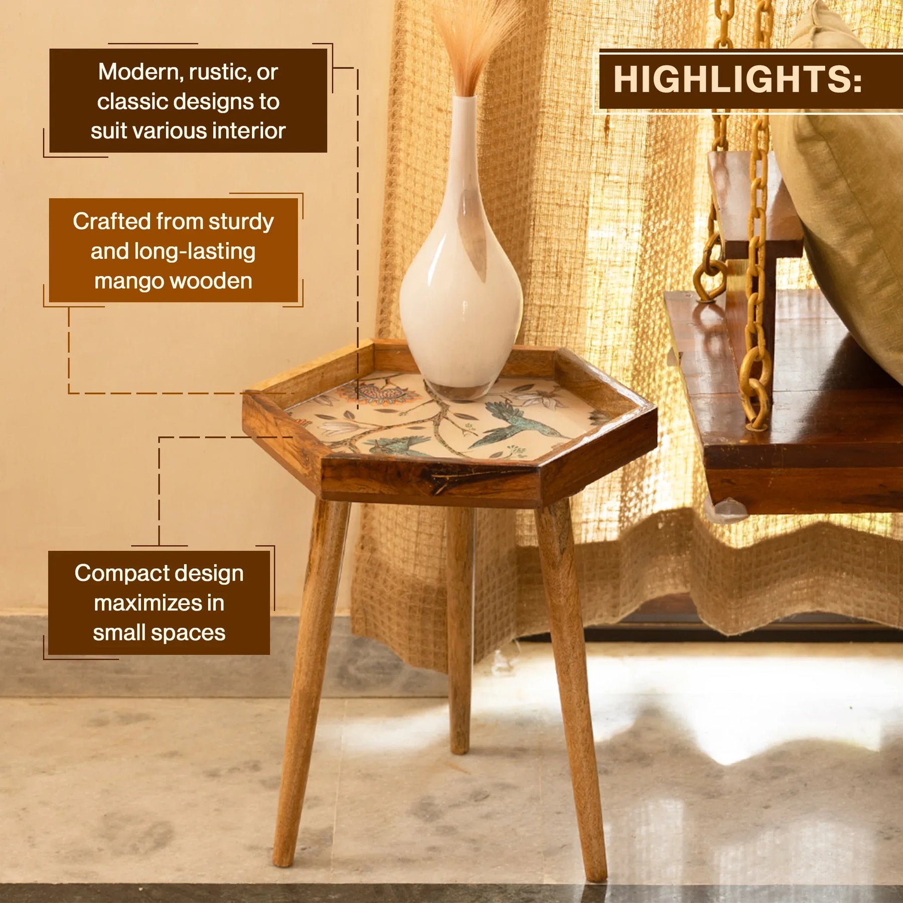 Wooden Hexagon Side Table with Floral Bird Printed Tray Top in Mango Wood