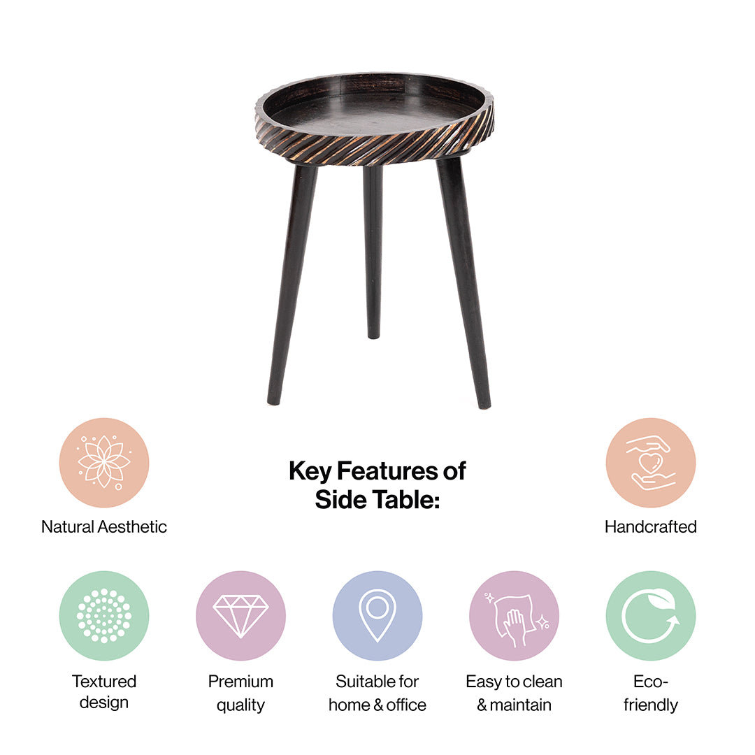 Mango Wood Round Side End Table In Black Charcoal Cutter