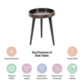 Mango Wood Round Side Table Set with Black Charcoal Cut Pattern