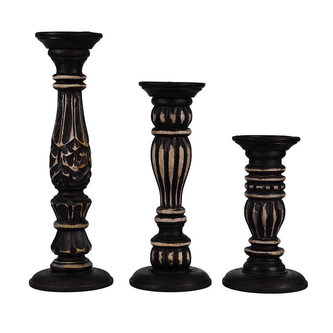 Handcrafted Wooden Candle Holder Stand Set of 3 - Black with Golden Accents