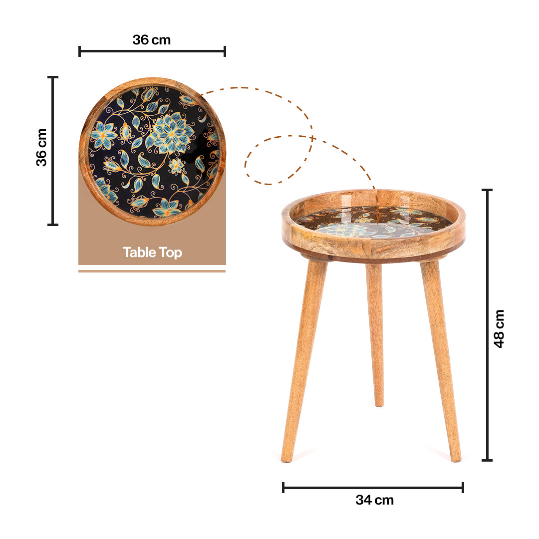 Mango Wood End Table For Living Room In Blue Petals