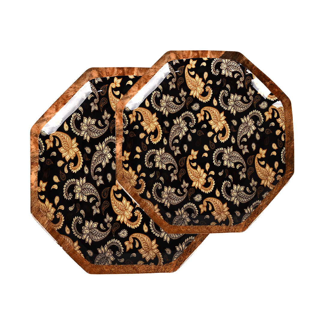Handcrafted Mango-Wood Black Paisley Printed Platters Tray-Set Of 2