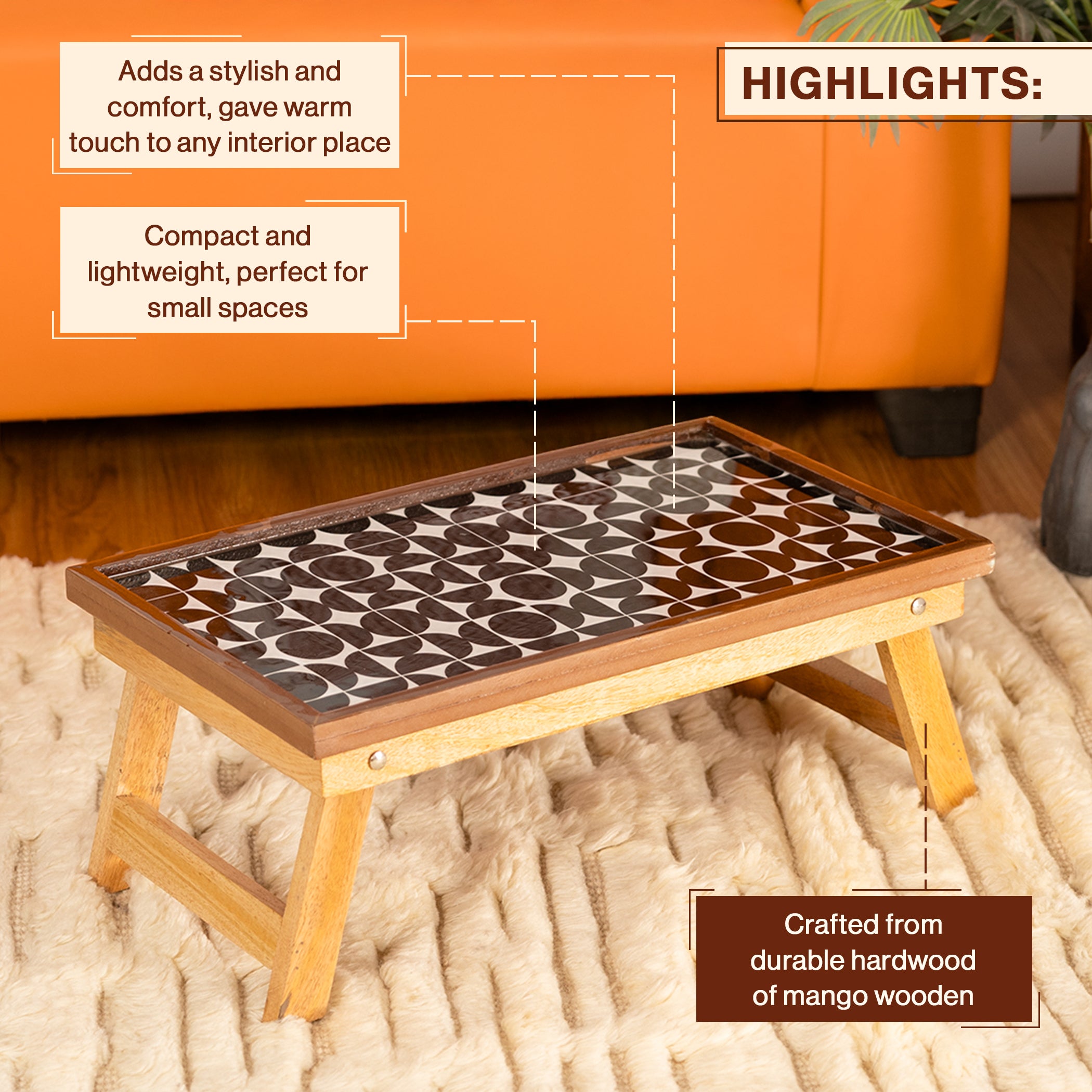 Mango Wood Handmade Fixed shaded mosaic Laptop Table with Epoxy Resin