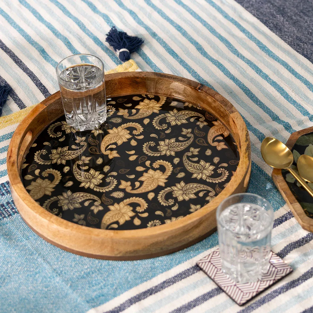Handcrafted Mango-Wood Wooden Round Tray Brown Floral Motif Design-Single