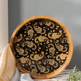 Handcrafted Mango-Wood Wooden Round Tray Brown Floral Motif Design-Single