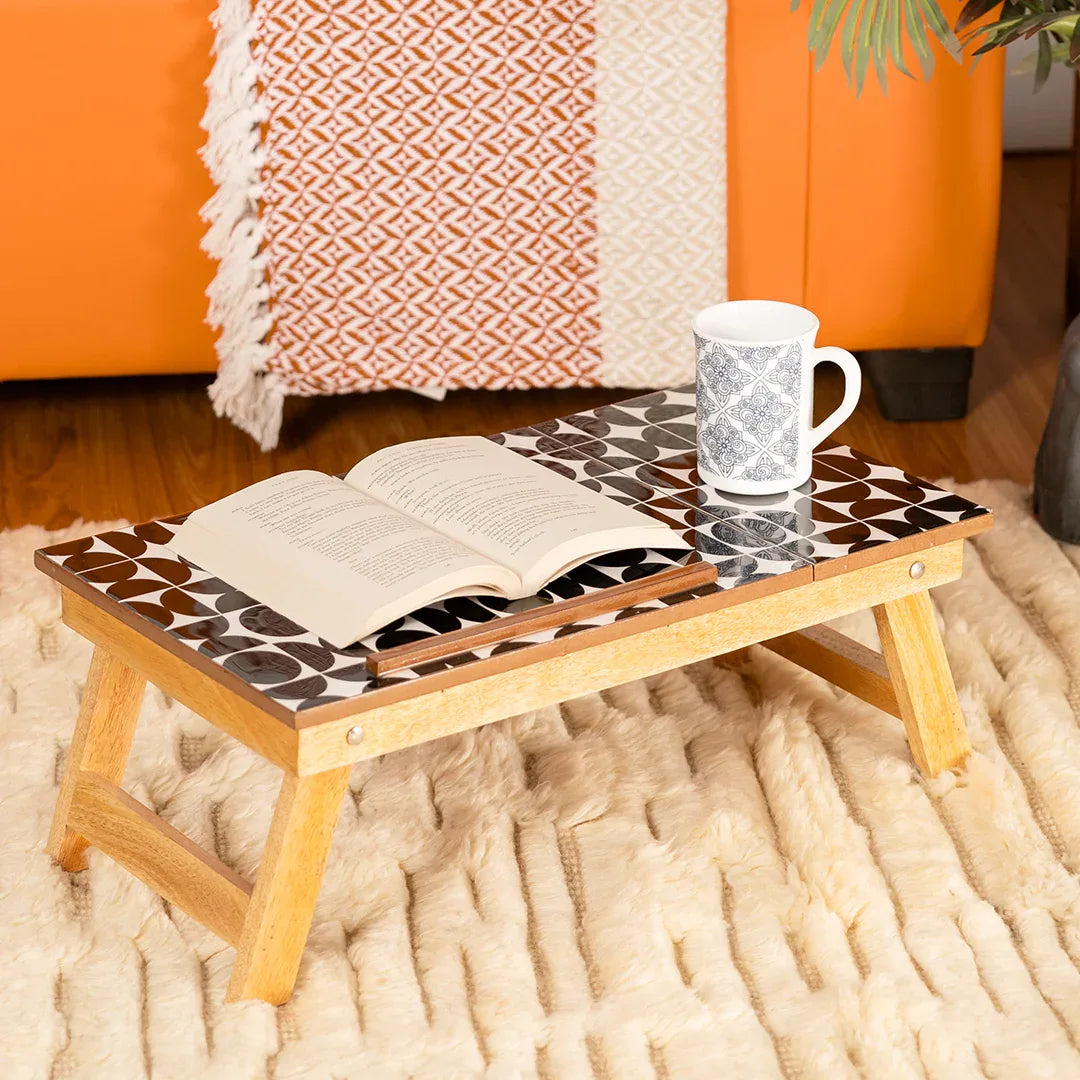 Mango Wood Handmade Folding Laptop Table in Black Mosaic with Epoxy Resin
