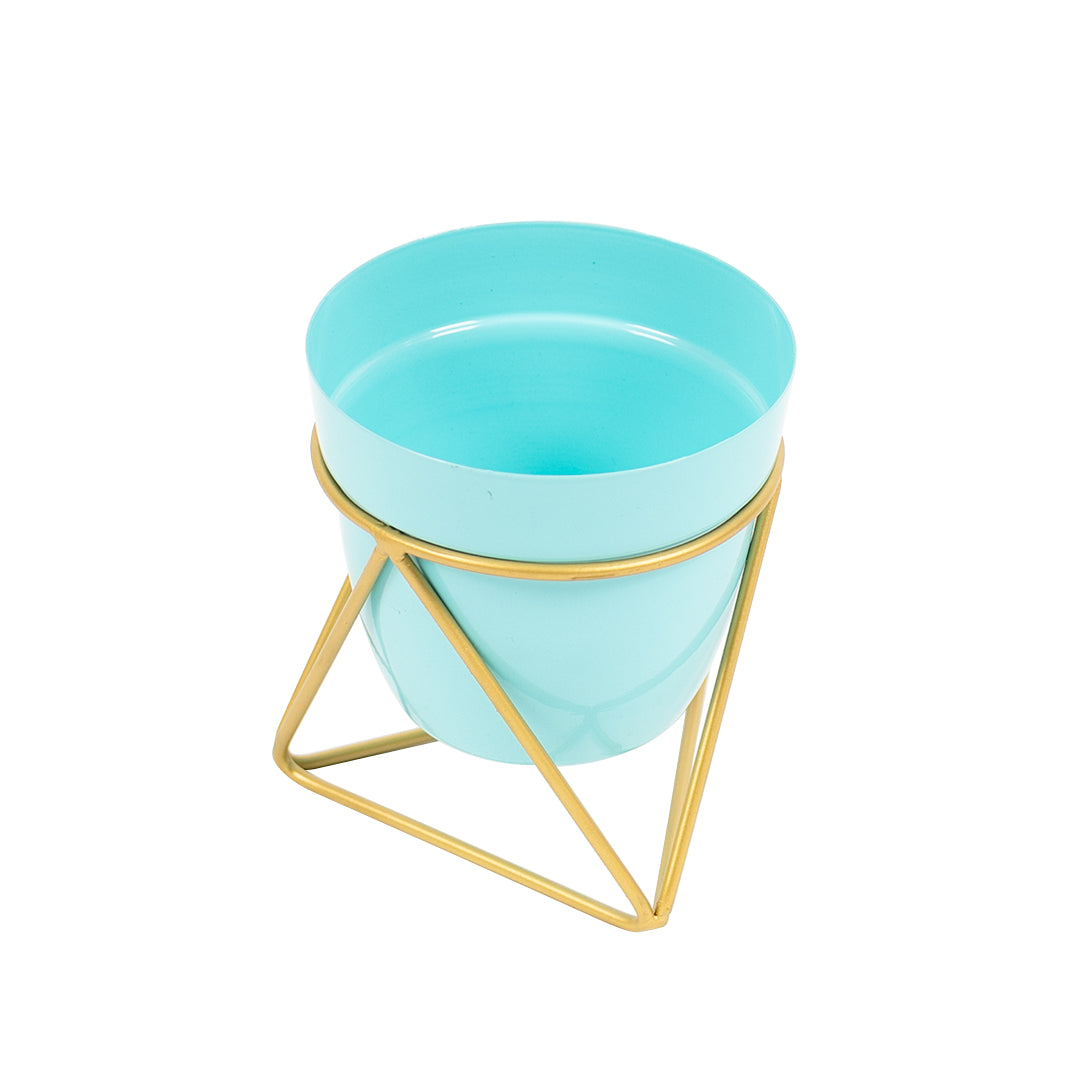 Metal Pots with Single Golden Metal Plant Stand in Horizon Blue