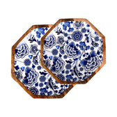 Handcrafted Mango-Wood Blueflower Printed Platters Tray-Set Of 2