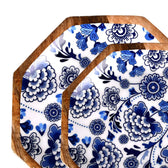 Handcrafted Mango-Wood Blueflower Printed Platters Tray-Set Of 2