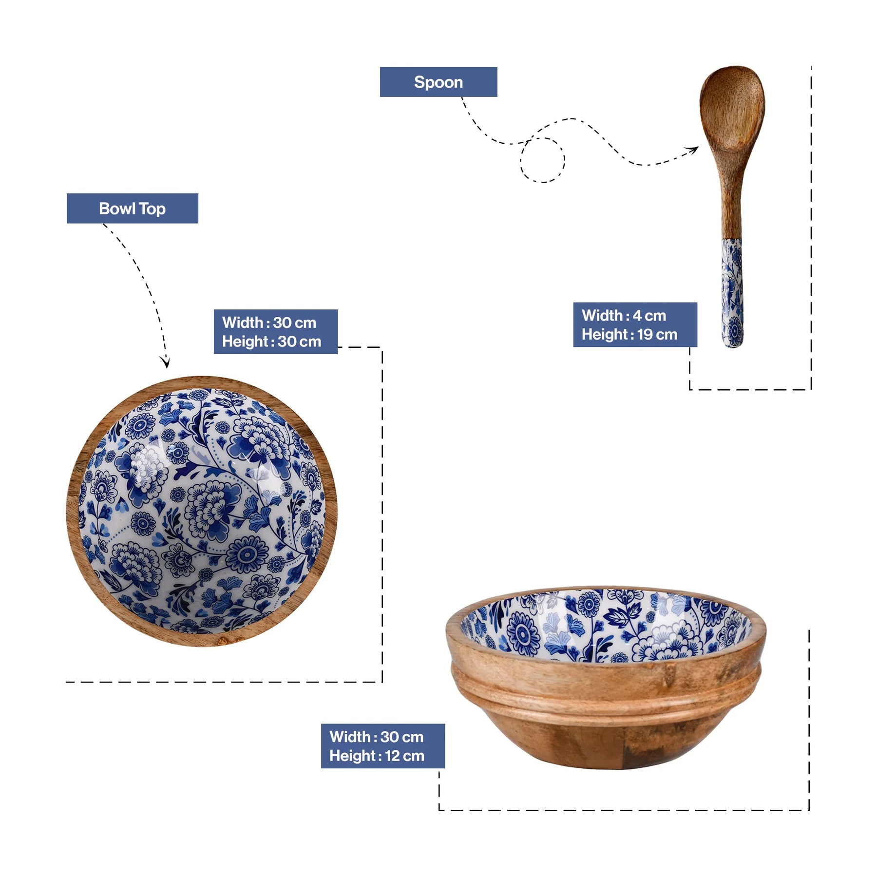 Handmade Mango-Wood Bowls in Tealish Blue For Kitchen Decor