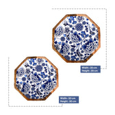 Handcrafted Mango-Wood Blueflower Printed Platters Tray-Set Of 2