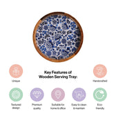 Handcrafted Mango-Wood Wooden Round Tray Blue Floral Motif Design-Single