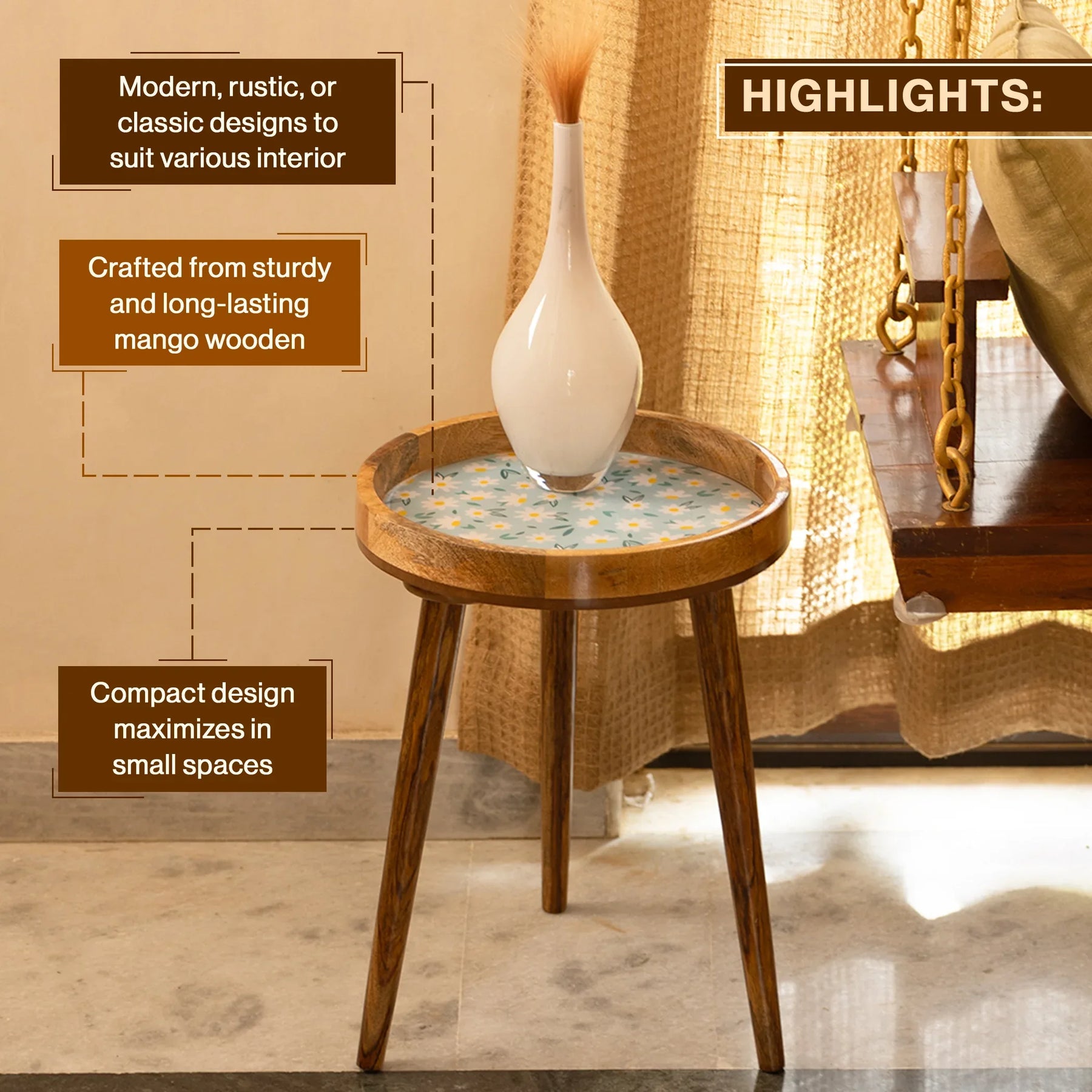 Wooden Side Table in Sunflower Pattern For Living Room & Bedroom