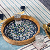 Handcrafted Mango-Wood Wooden Round Tray Mandala Design-Single