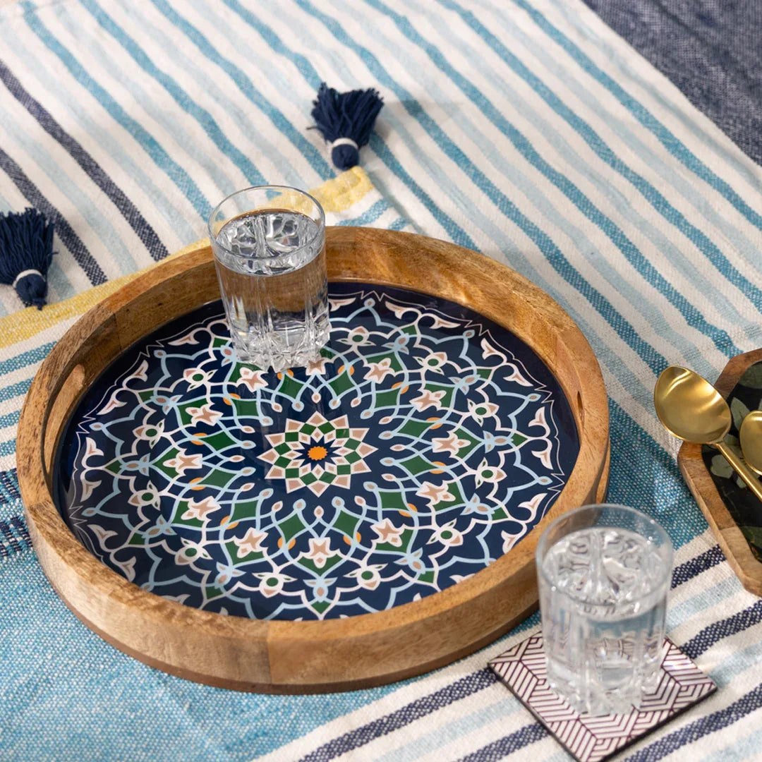 Handcrafted Mango-Wood Wooden Round Tray Mandala Design-Single