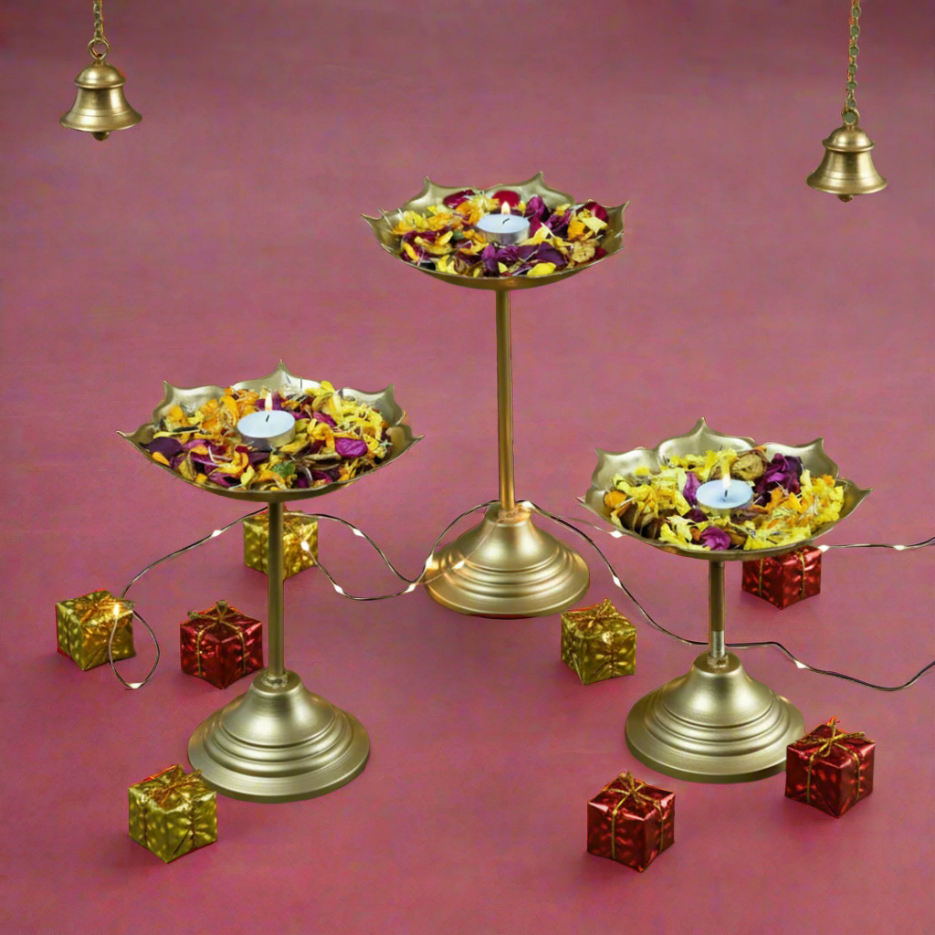 Brass Lotus Urli Bowl with Stand-Set of 3