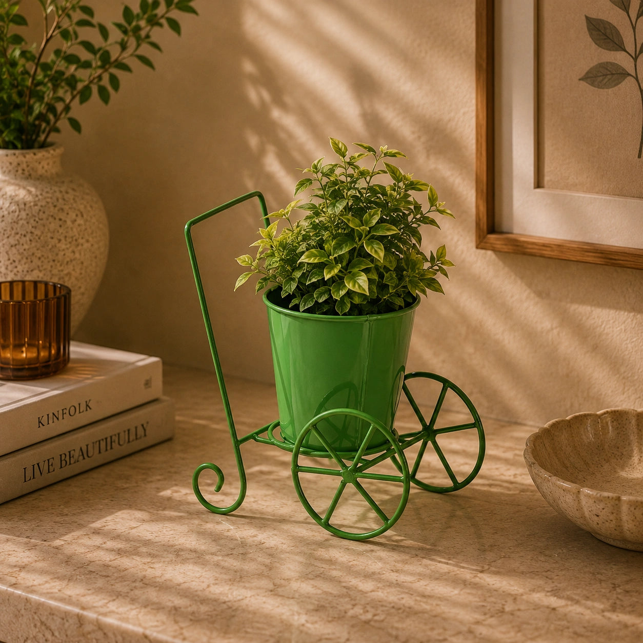 Cart Design Table Top Planter Stand in Green