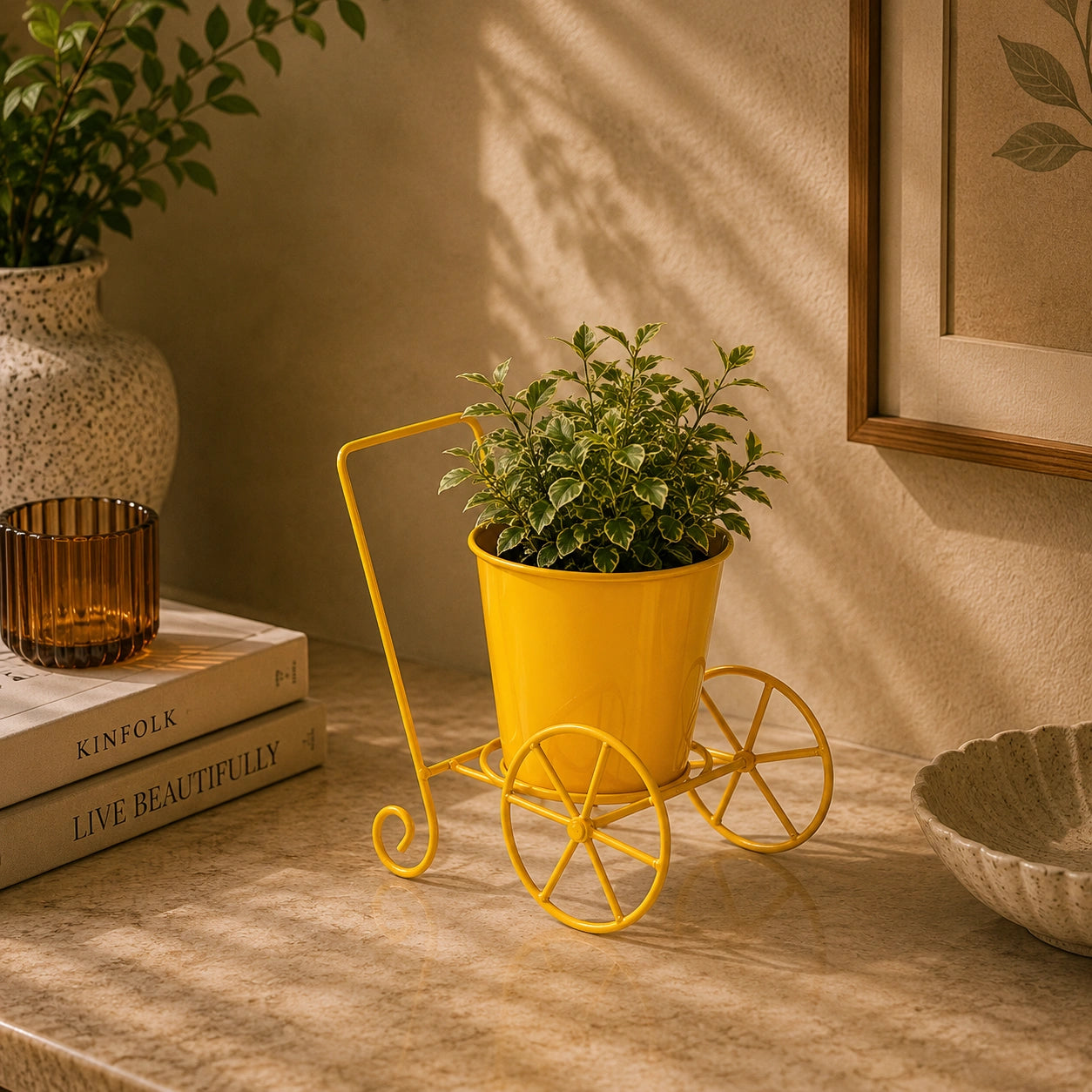 Cart Design Table Top Planter Stand in Yellow