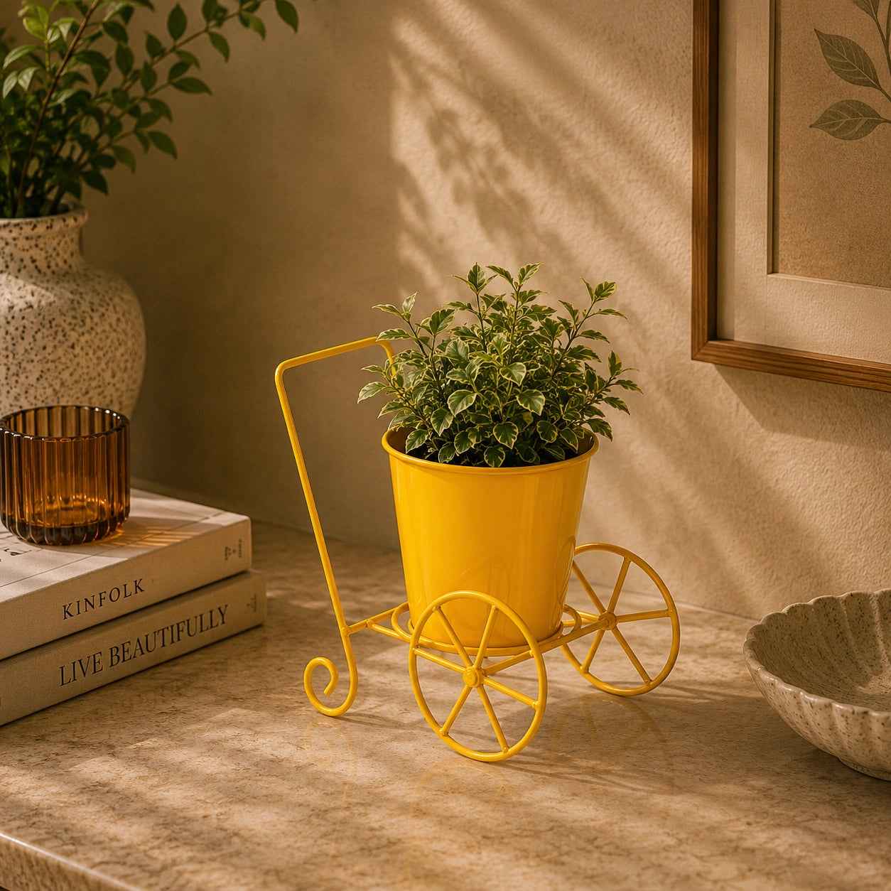 Cart Design Table Top Planter Stand in Yellow