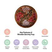 Handcrafted Mango-Wood Wooden Round Tray Flower Branch Design-Single