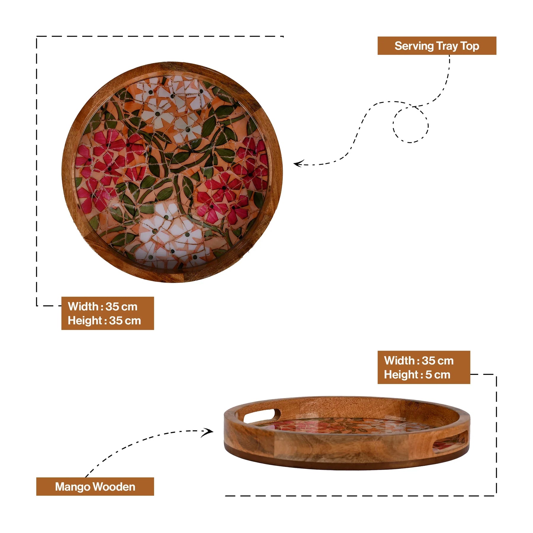 Handcrafted Mango-Wood Wooden Round Tray Flower Branch Design-Single