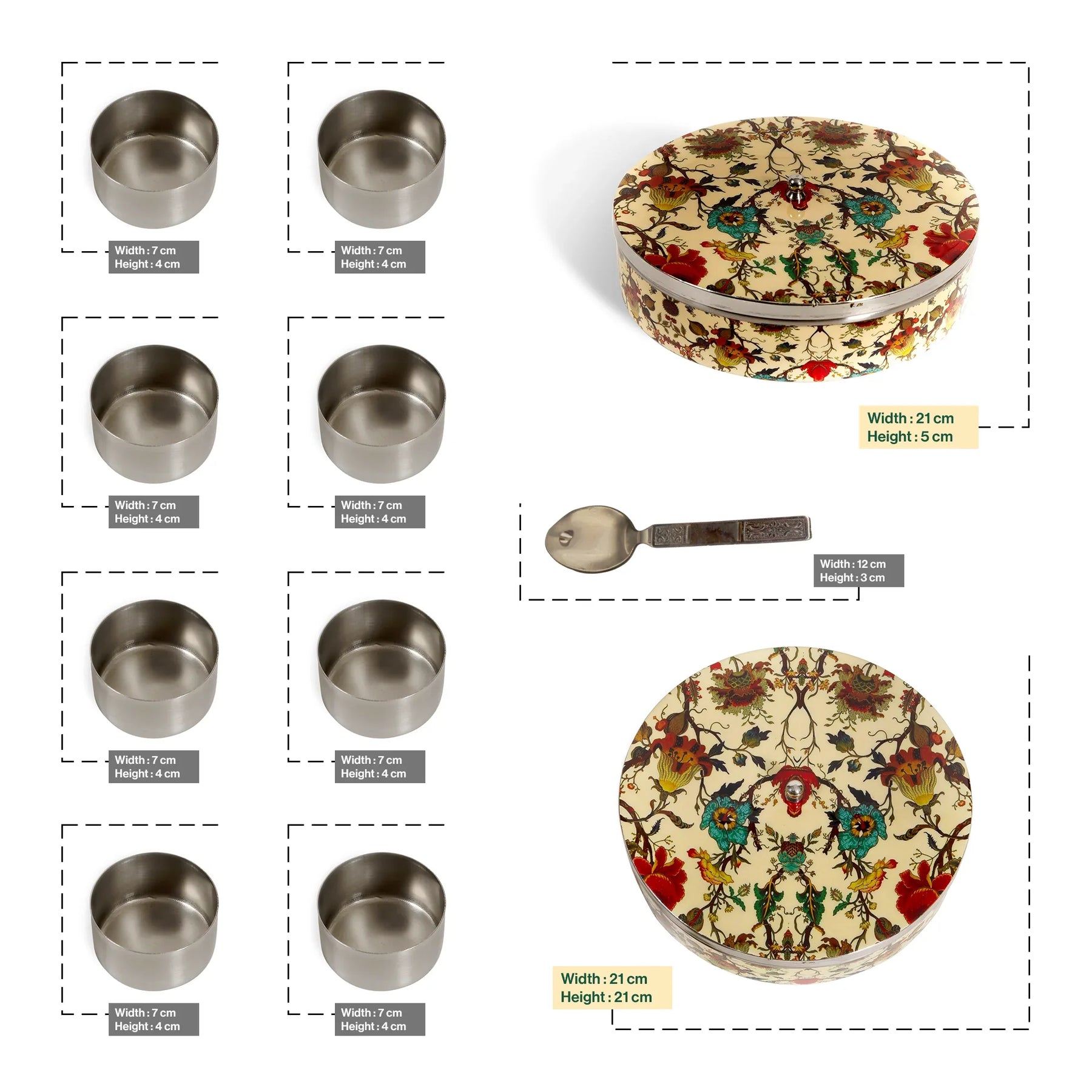 Stainless Steel Round Spice Box Masala Box Dabba for Kitchen Decor-Peach Floral Prints Pattern