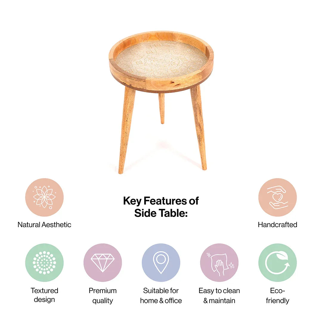 Round Side Tables in White Flower Design for Living Room -  Bedside Table for Drink & Snacks