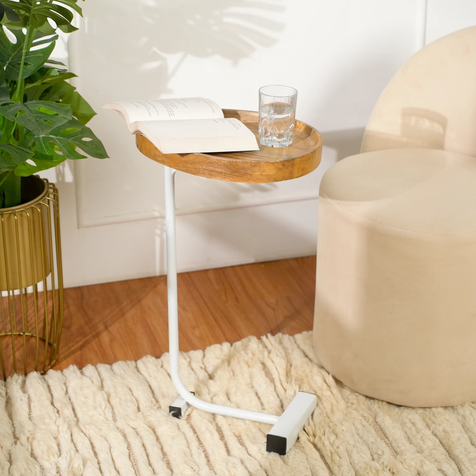 Wooden Tray Top C-Table with White Metal Base