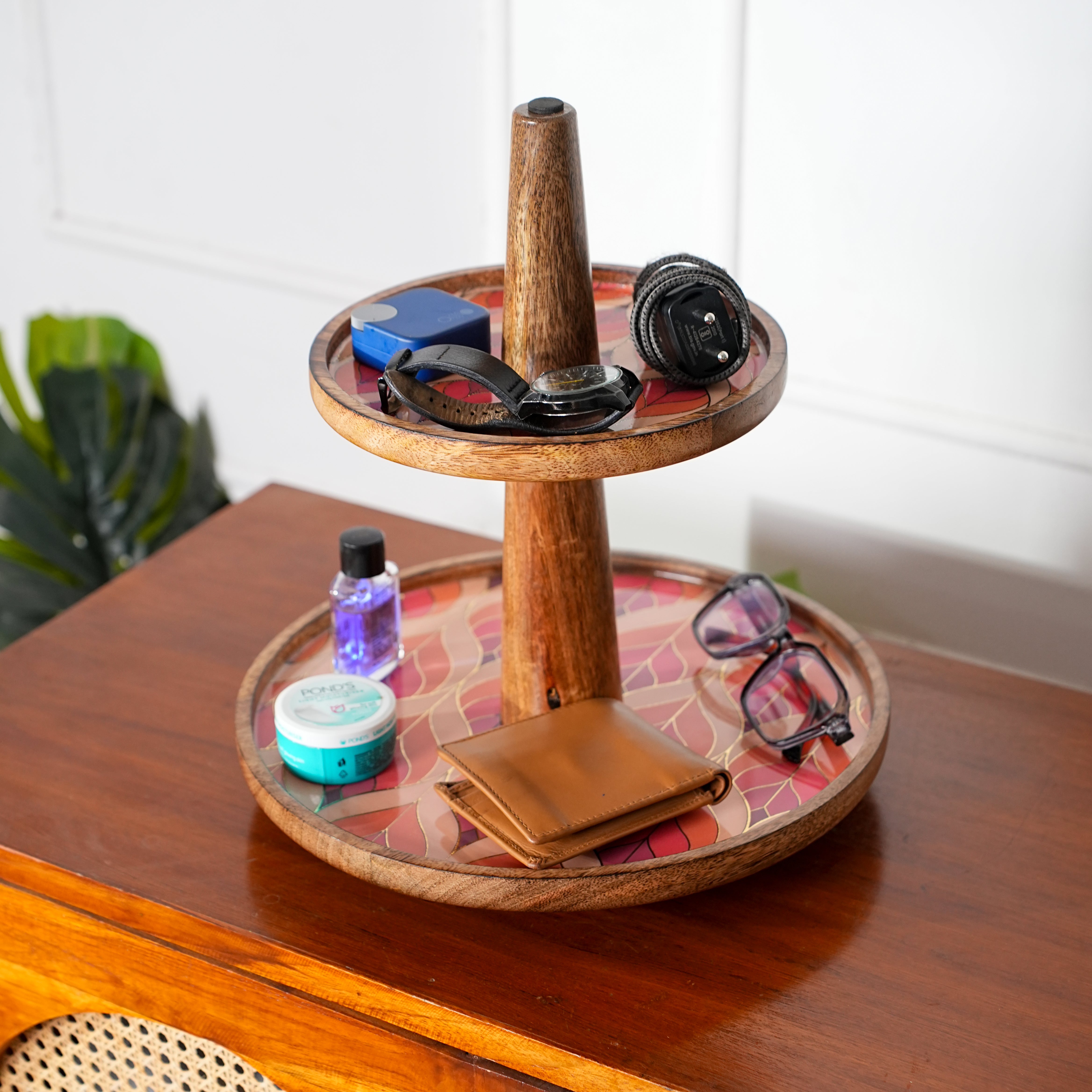 Wooden Serving Tray 2-Tier in Floral Mosaic – Dessert & Snack Stand for Kitchen & Home Decor