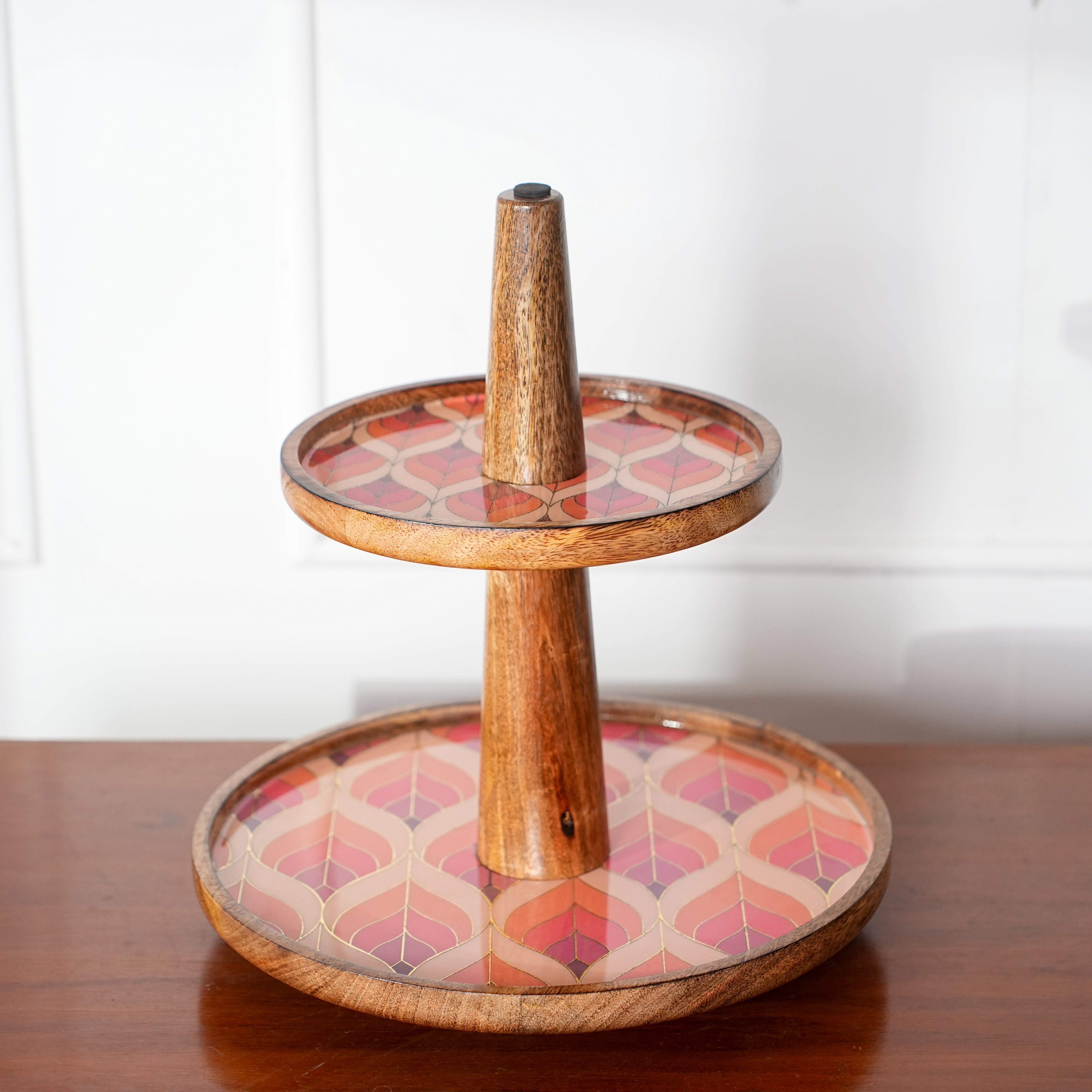 Wooden Serving Tray 2-Tier in Floral Mosaic – Dessert & Snack Stand for Kitchen & Home Decor