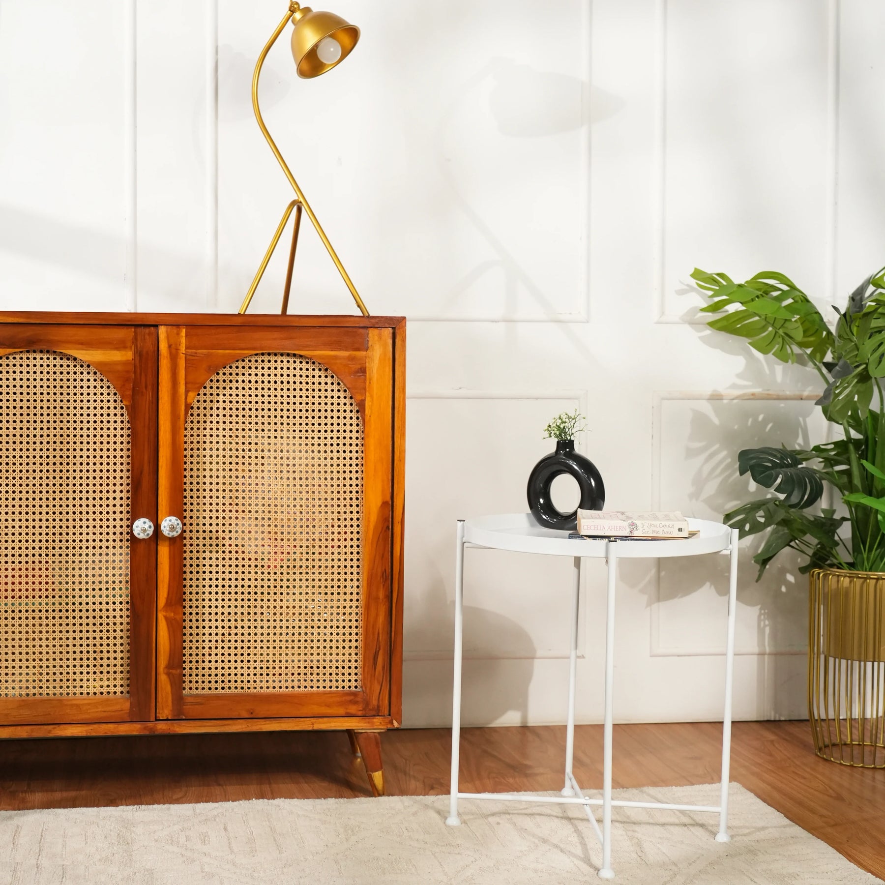 Modern White Metal Tray Top Side Table with X-Frame Base