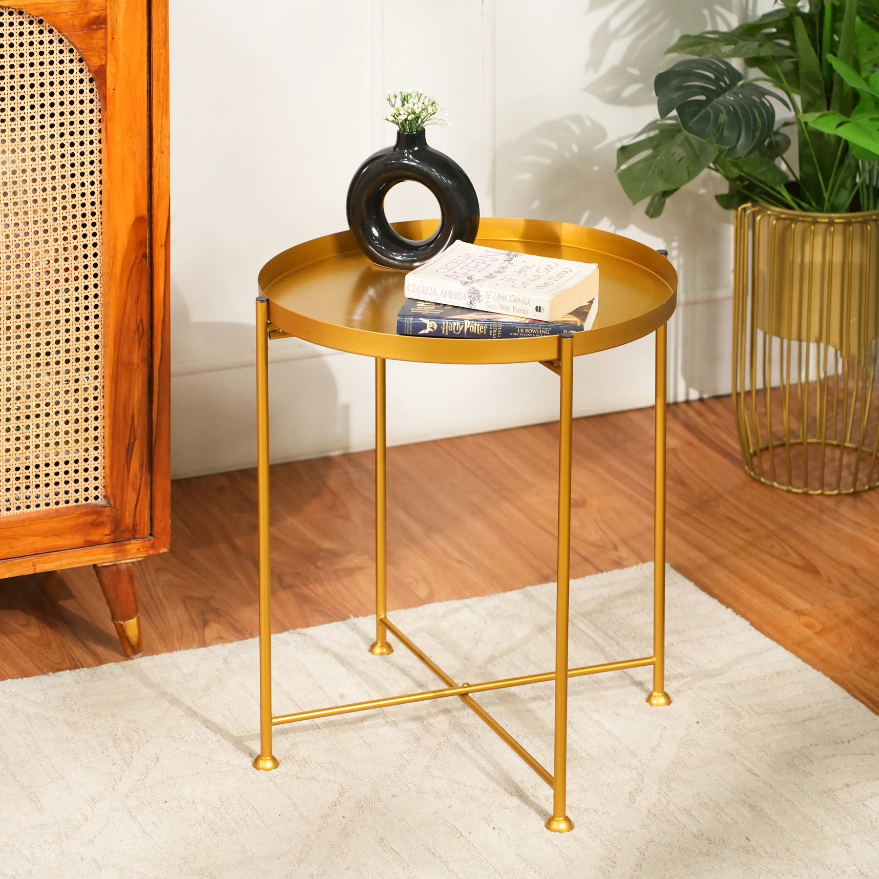 Modern Golden Metal Tray Top Side Table with X-Frame Base