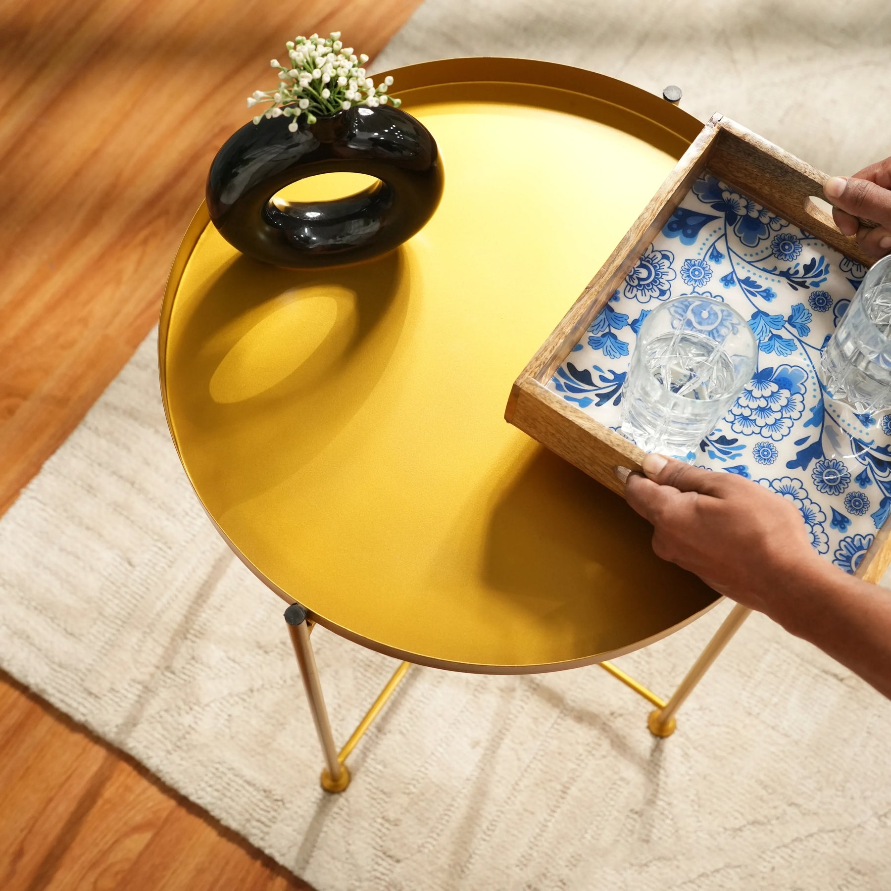 Modern Golden Metal Tray Top Side Table with X-Frame Base