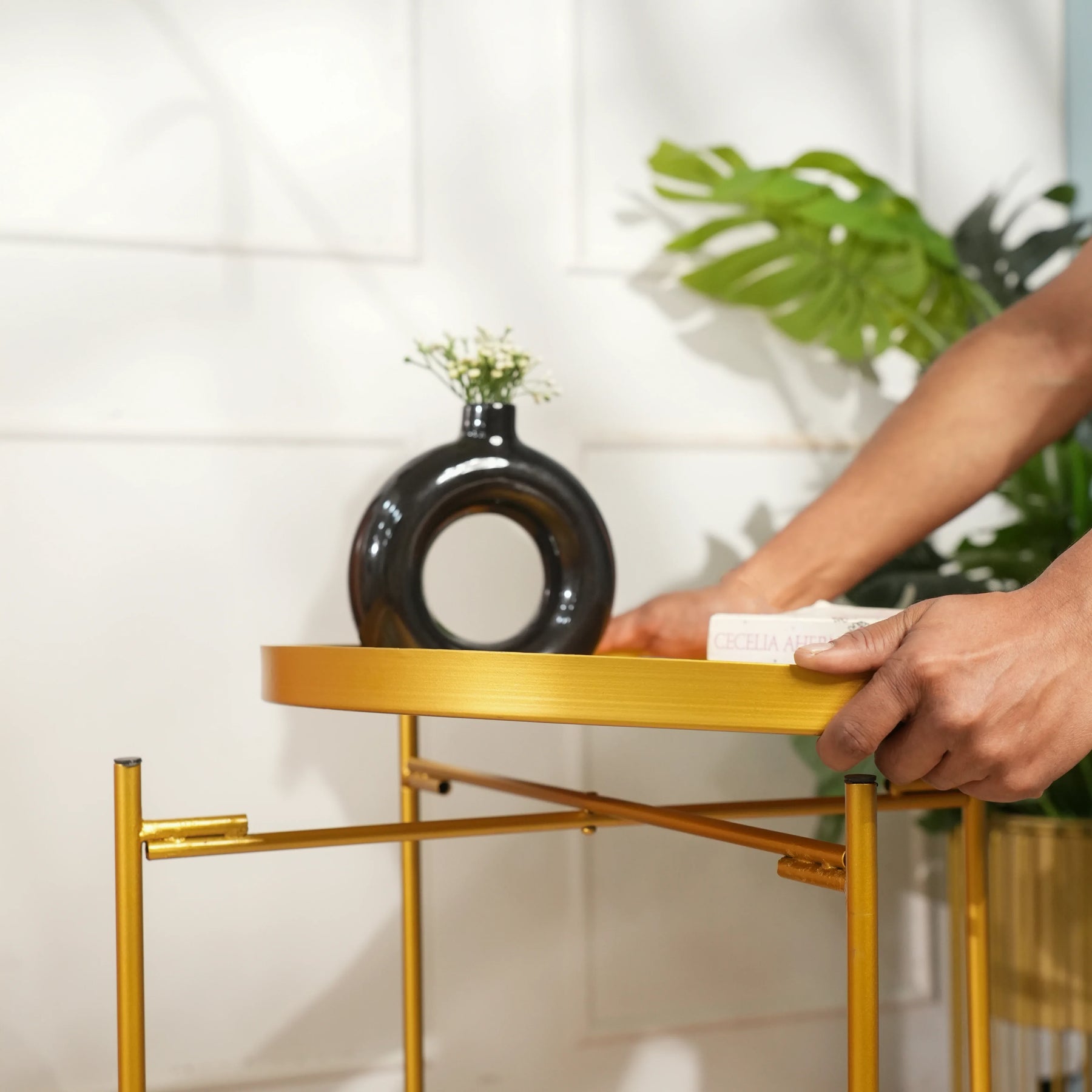 Modern Golden Metal Tray Top Side Table with X-Frame Base