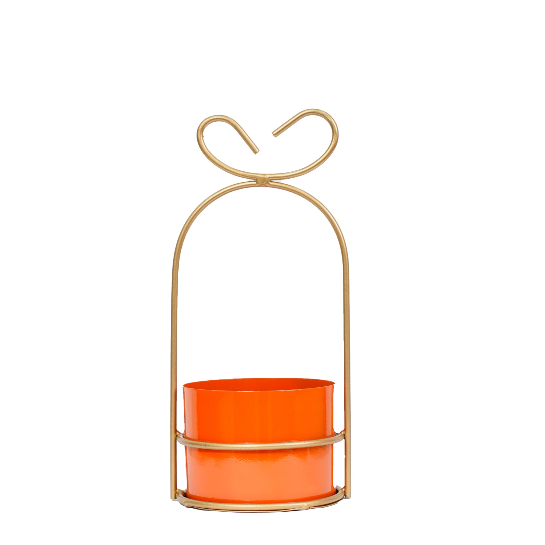 Hanging Orange Metal Planter on Gold Wire Stand