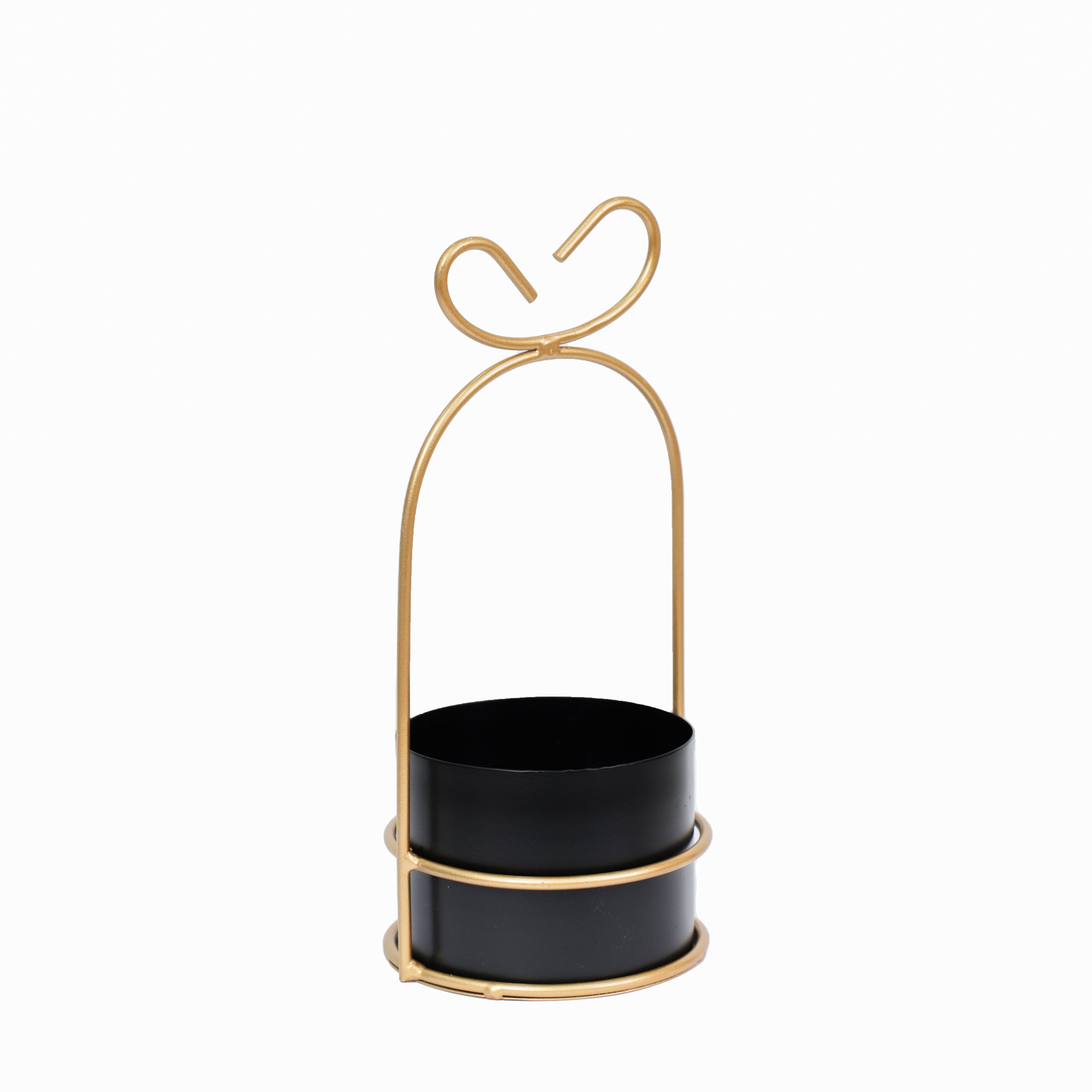 Hanging Black Metal Planter in Gold Wire Basket
