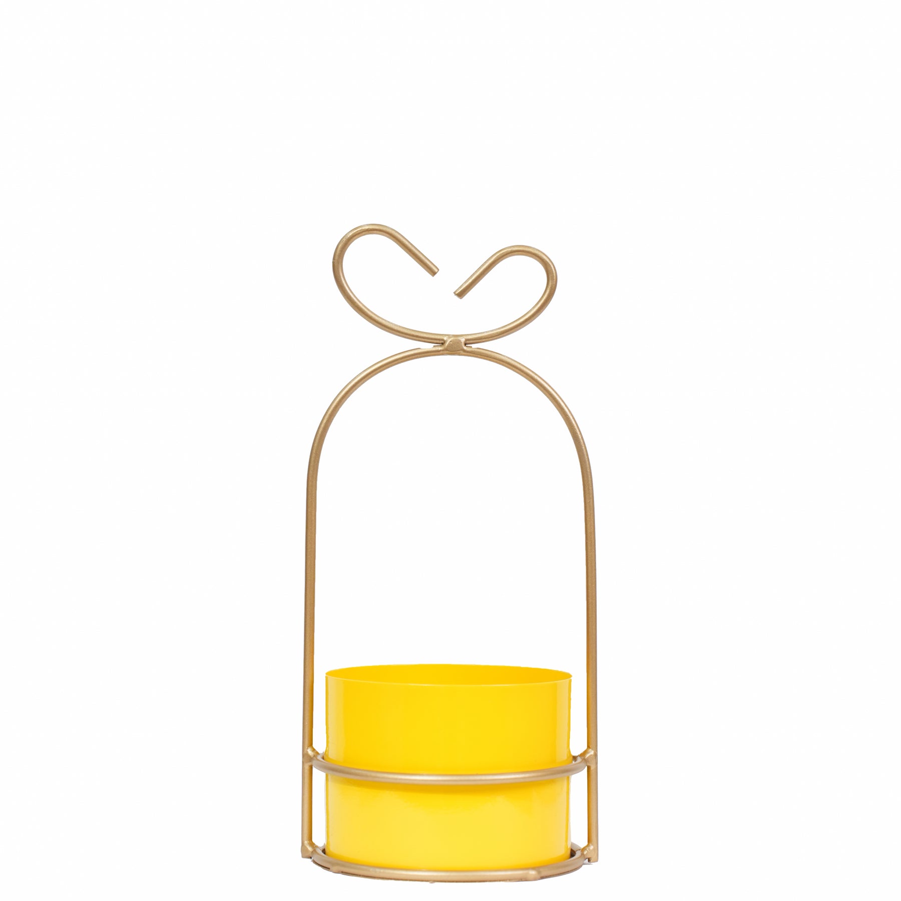 Hanging Yellow Metal Planter in Gold Wire Basket