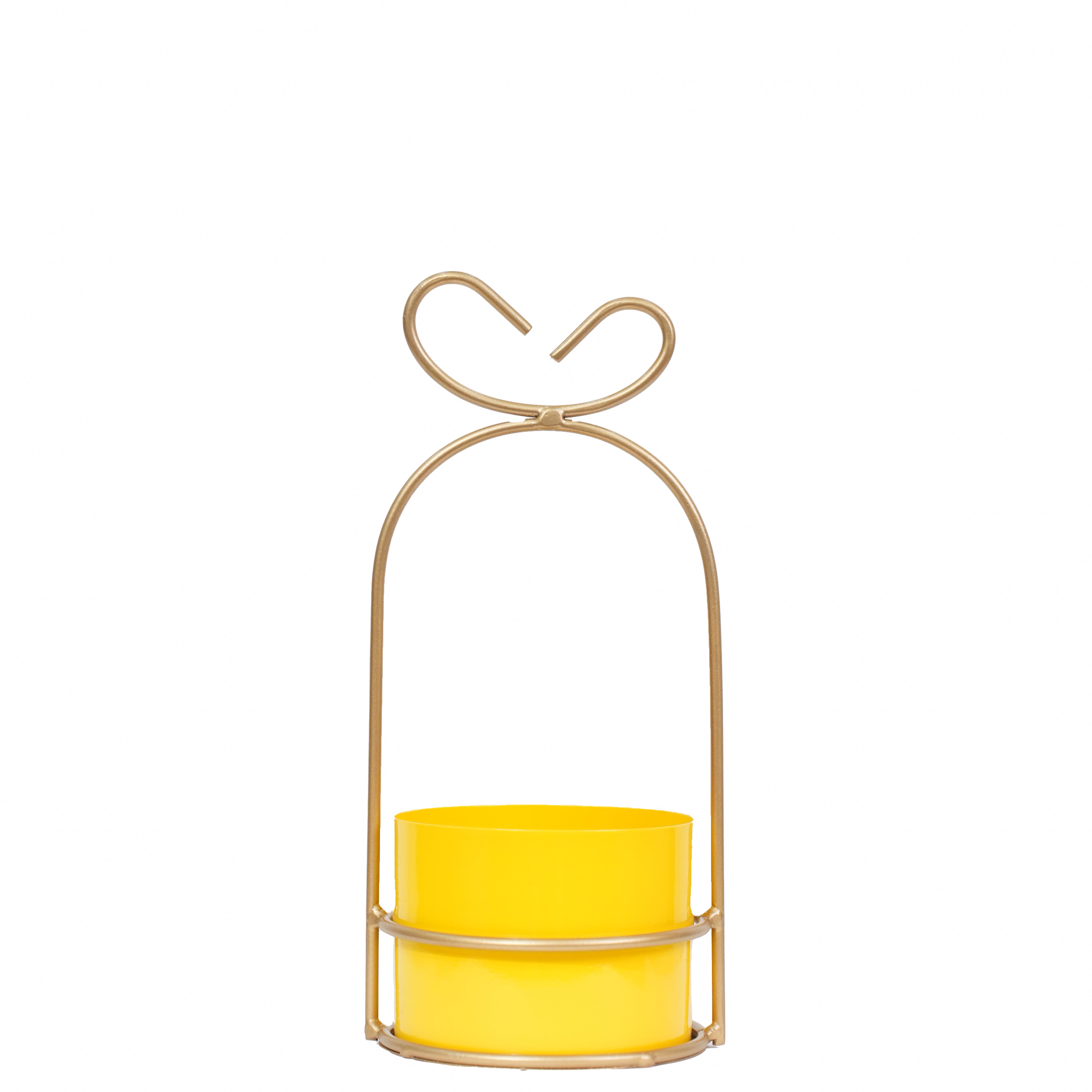 Hanging Yellow Metal Planter in Gold Wire Basket