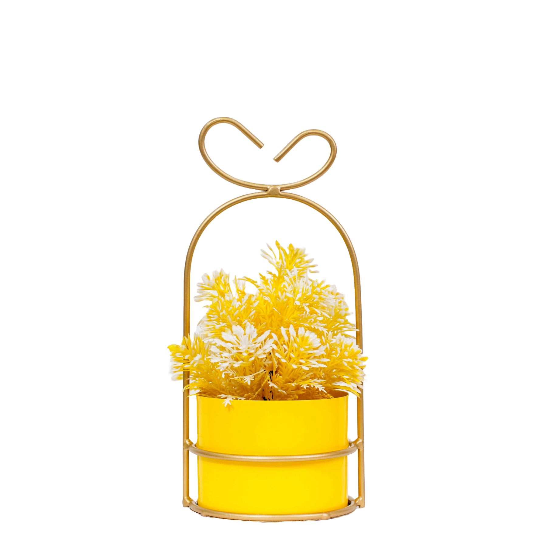 Hanging Yellow Metal Planter in Gold Wire Basket