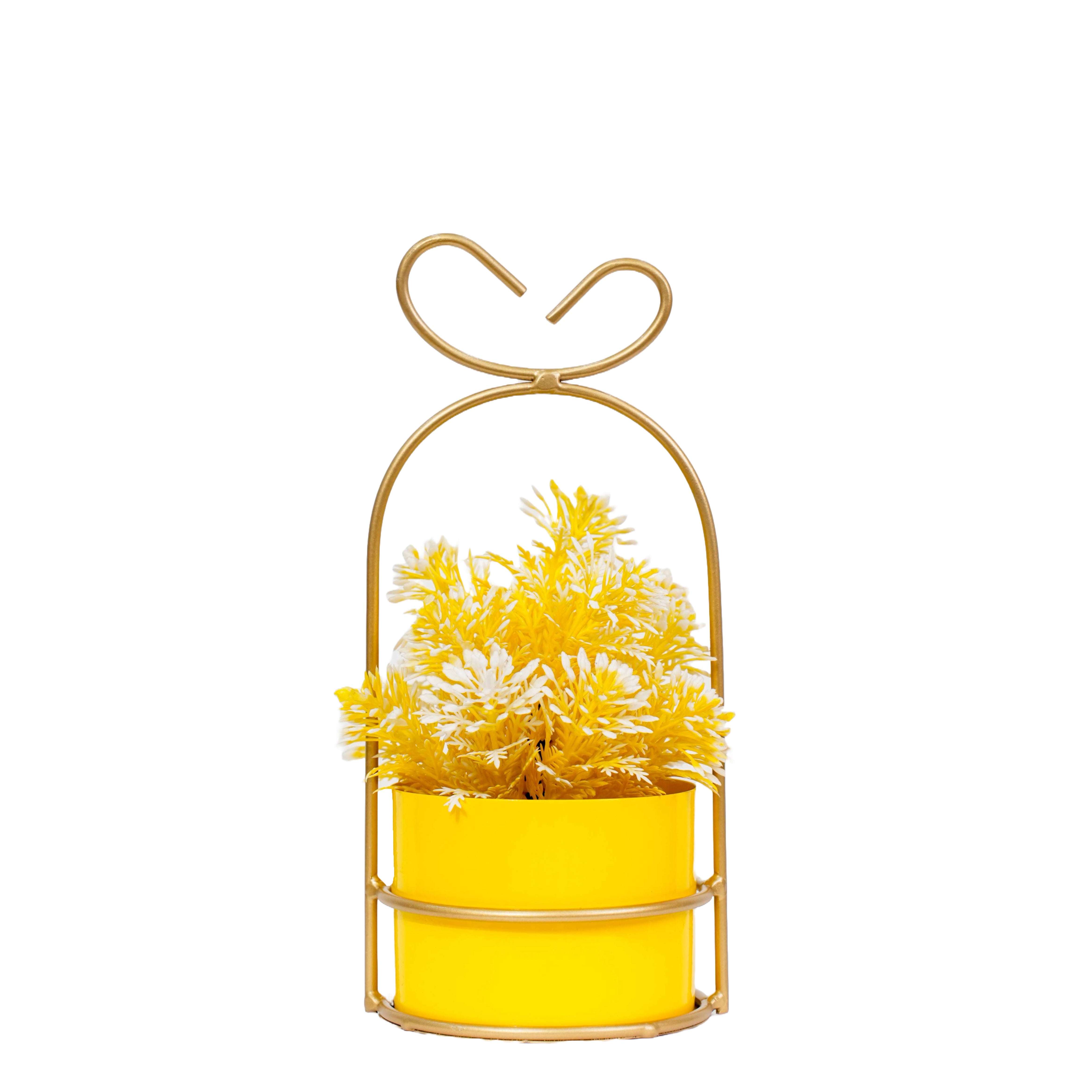 Hanging Yellow Metal Planter in Gold Wire Basket