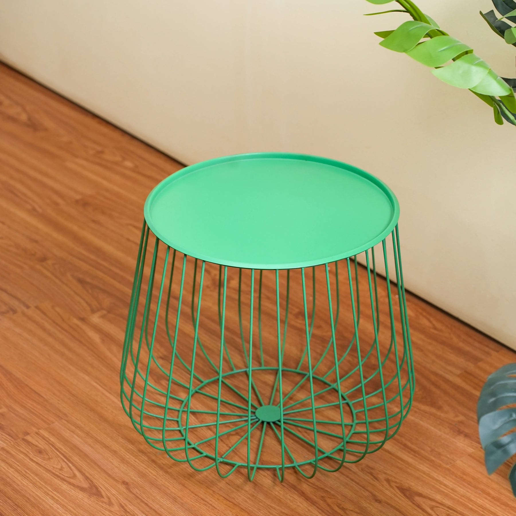 Metal Round Wire Side Table with Storage in Green for Living Room