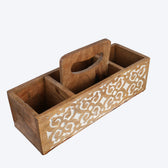 Handcrafted Mango Wood Cutlery Holder with White Floral Design