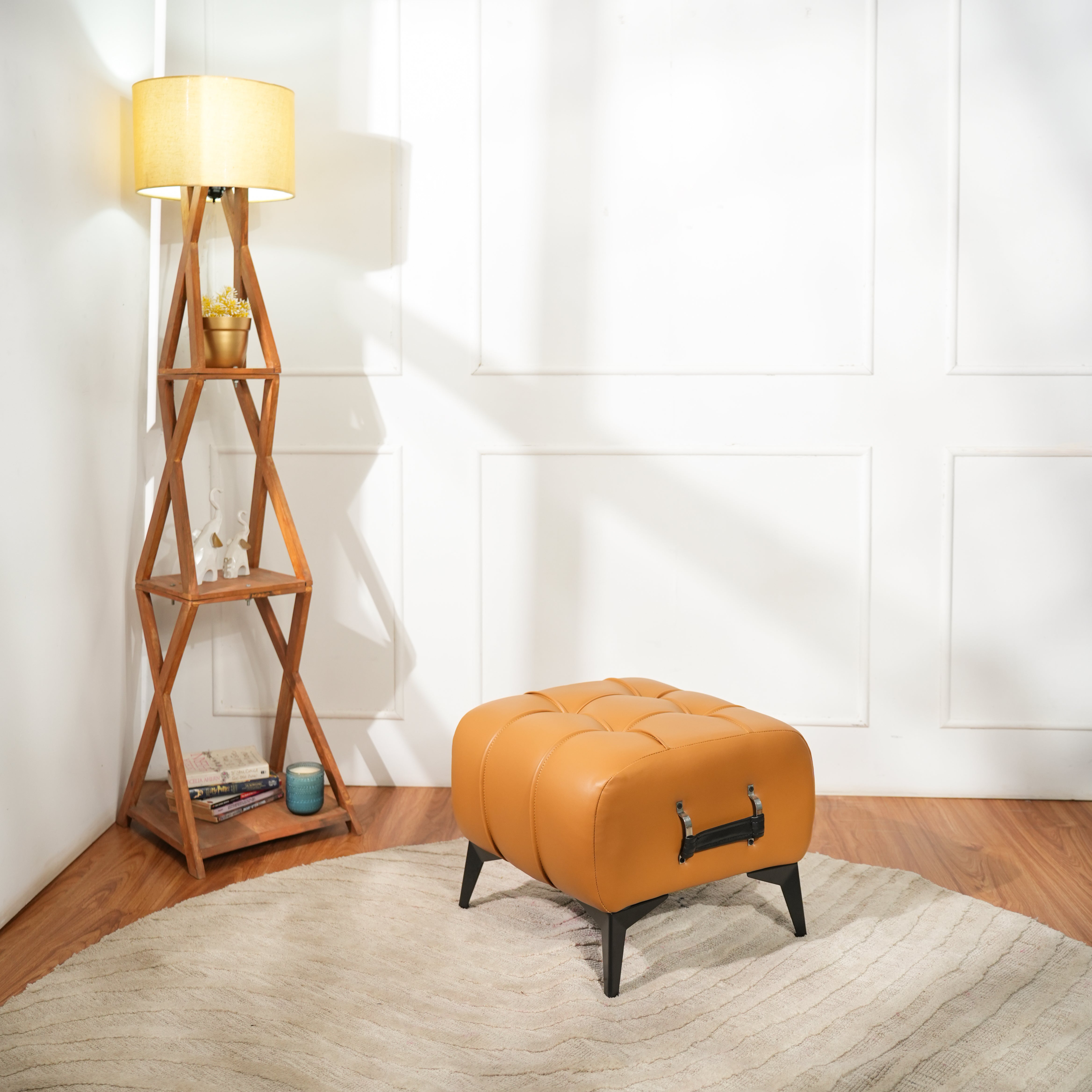 Modern Tan Leather Tufted Ottoman with Black Handle