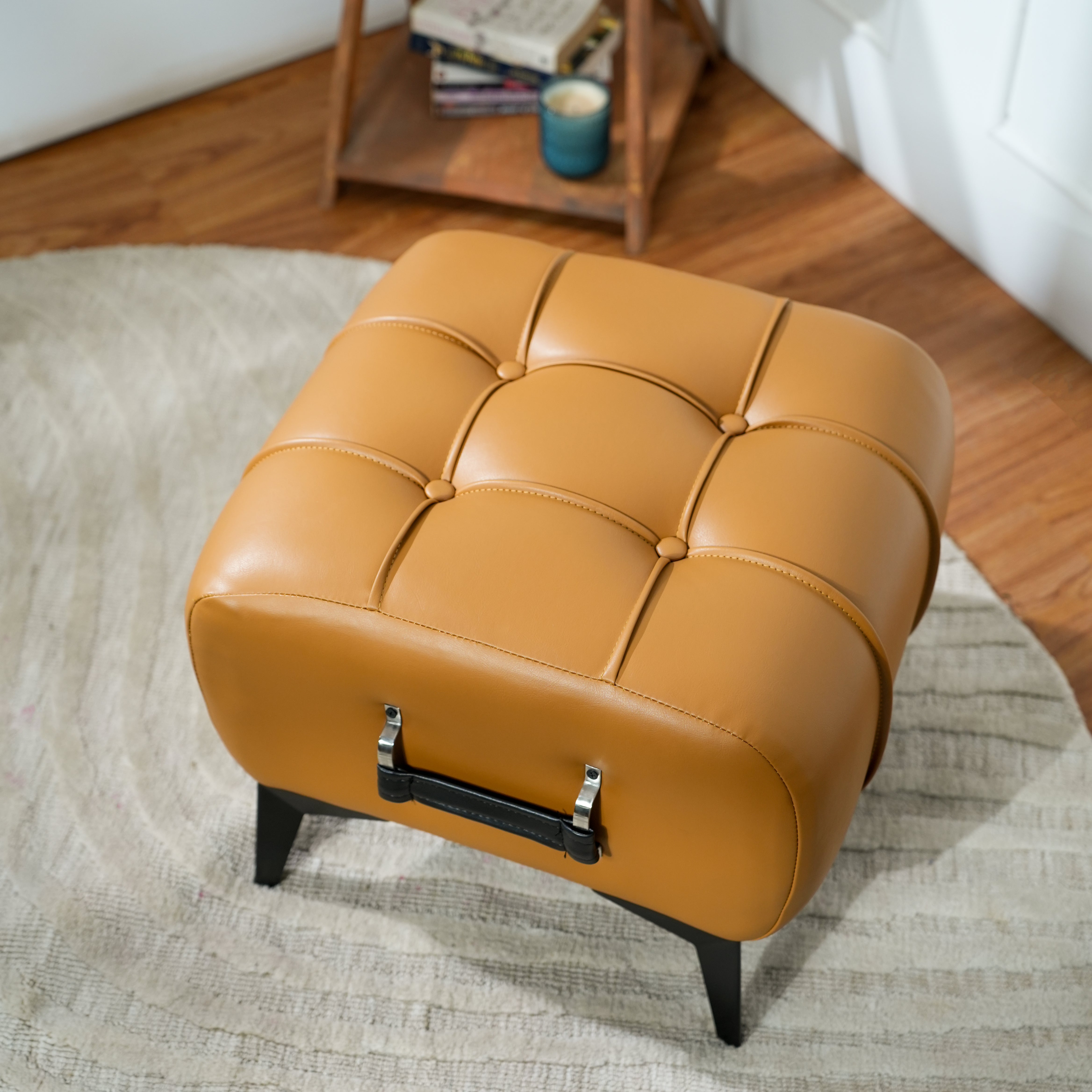 Modern Tan Leather Tufted Ottoman with Black Handle