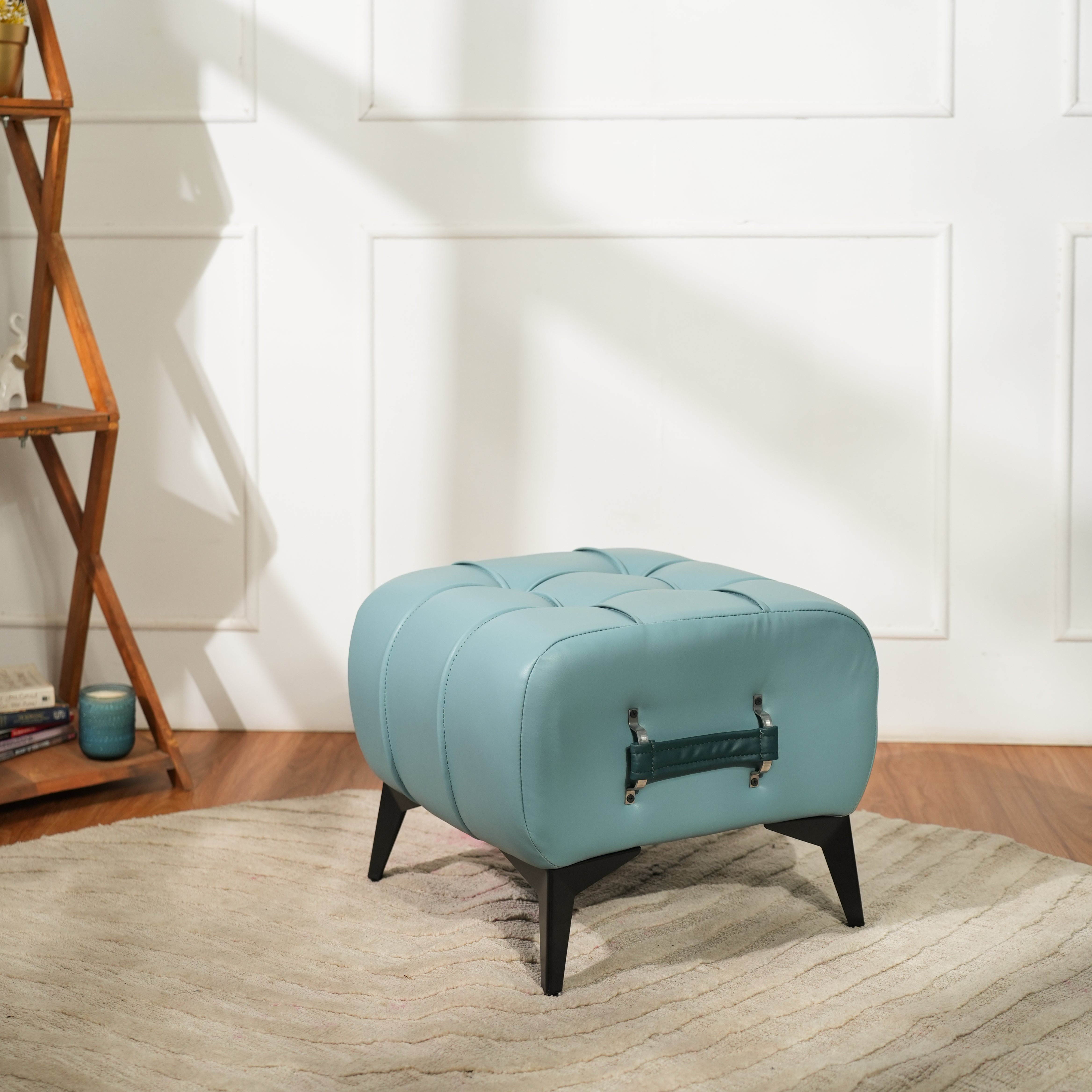Modern Sky Blue Tufted Ottoman with Dark Blue Handle