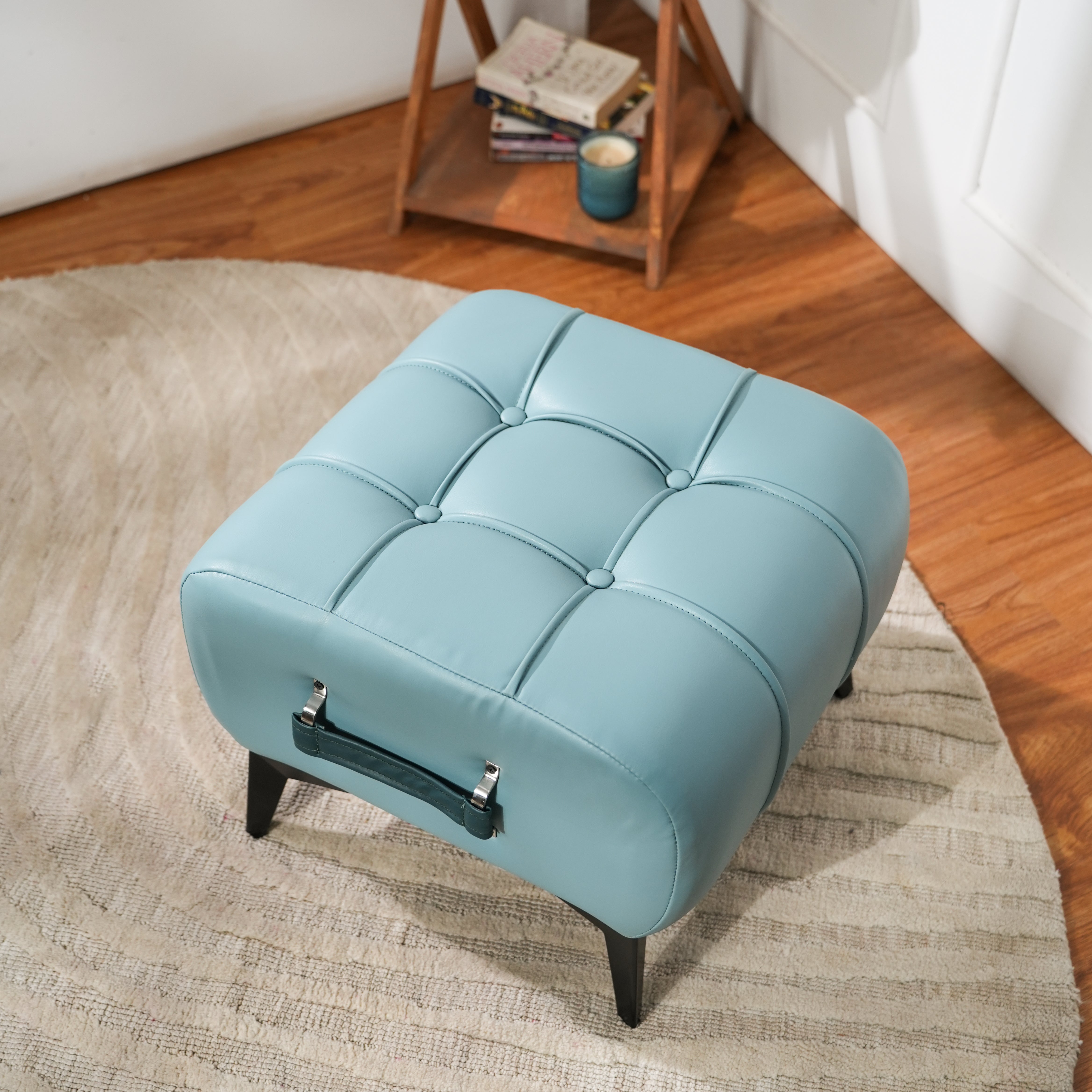 Modern Sky Blue Tufted Ottoman with Dark Blue Handle